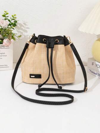Women's New Fashion Straw Bucket Bag, Lightweight Portable Suitable For Beach, Vacation, Shopping, Crossbody Handbag