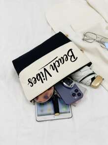 Bolso de mano y bolso, bolso de hombro, impreso con las letras "Beach Vibes", bolso de tarjetas, bolso de tela versátil y portátil para maestros, bolsa de tela para apreciar a los maestros, regalo para mujeres, bolso de almacenamiento casual y portátil, bolsa de compras multifuncional