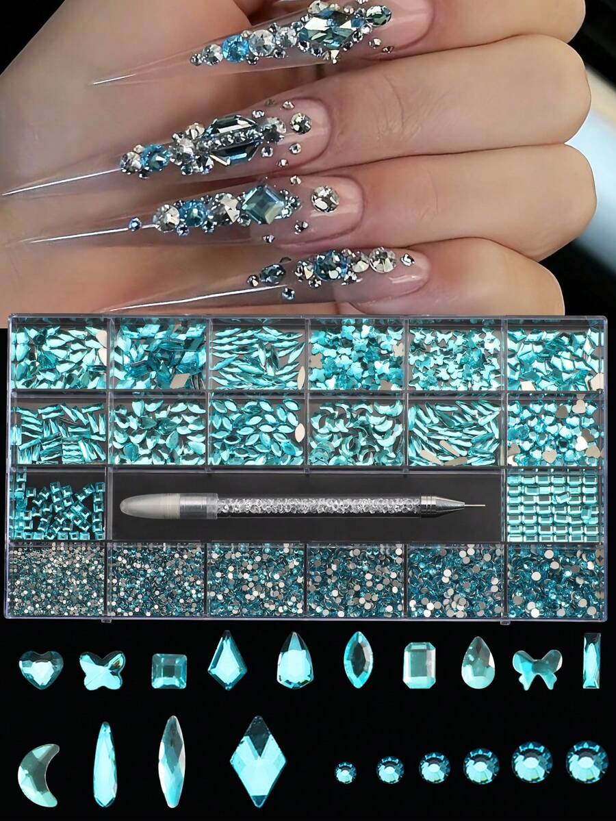 21 Grid Multi-Style Mixed Rhinestone Rhinestone Set,Lake Blue Round Rhinestones And Flat-Bottomed Special-Shaped Drills Of Different Shapes, Can Be Used For DIY Decoration, Clothing Accessories, Distribution Sticky Drill Pen - 湖藍色 - 查看 1