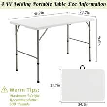 4FT/5FT/6FT/8FT Folding Tables White Foldable Table, Fold-In-Half With Carrying Handle Portable Plastic Rectangular Table For Party, Dining, Wedding, Camping, Picnic, Indoor Outdoor Events - White 4FT - View 2
