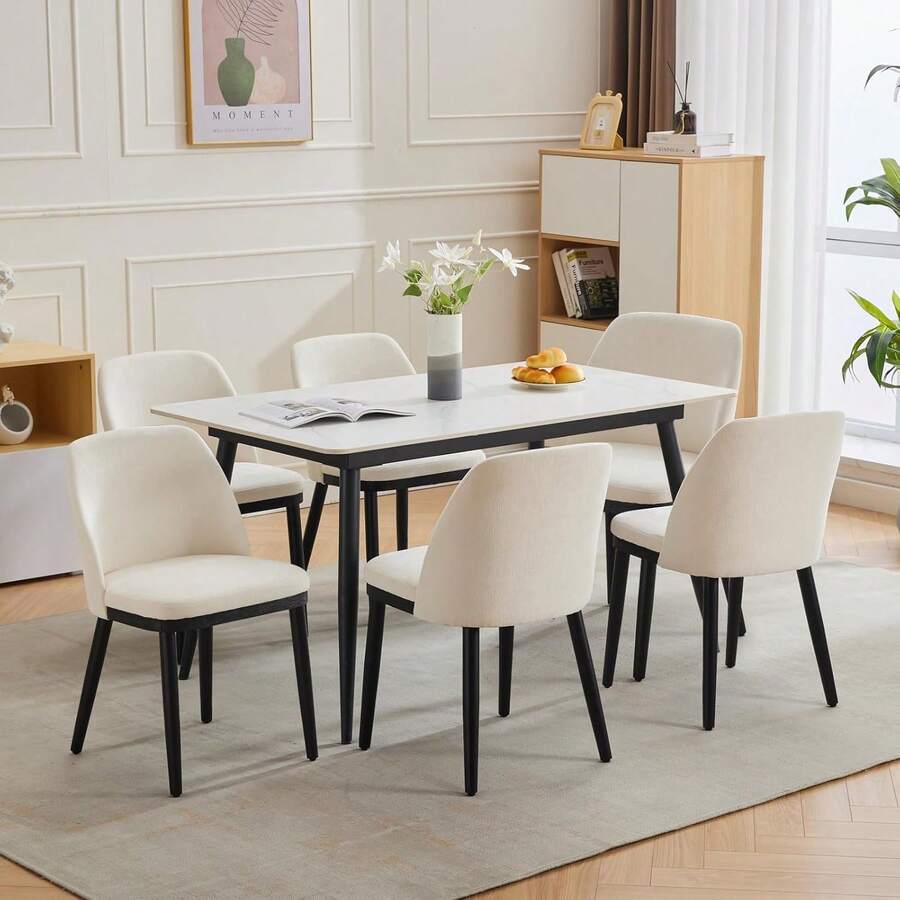 Juego de 6 sillas de comedor, modernas sillas tapizadas para cocina, con patas de madera, ideales para cocina, comedor y sala de estar. - Beis - Ver 1
