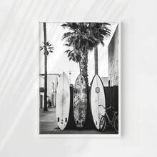 1 件单色冲浪板印刷黑白棕榈剪影艺术、沿海简约无框海报与倾斜的栅栏、海滨别墅装饰和毕业礼物（返校墙印） - 黑與白 - 查看 4