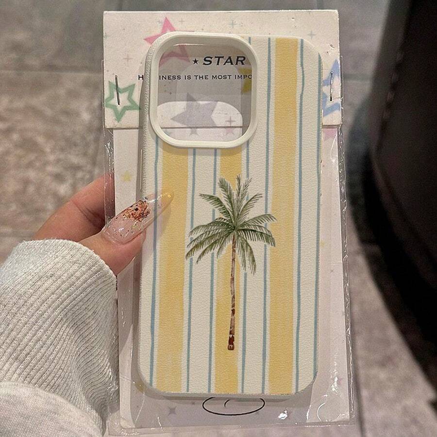 度假风 TPU 材质手机壳，单件装，夏季椰树黄色条纹图案，兼容 / 等手机，春季礼物，国际版，非国内版 - 白色 - 查看 1
