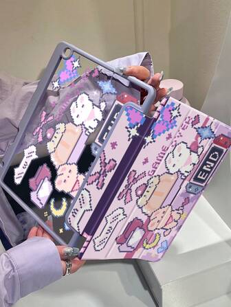 A Beautiful And Cute Game Pixel Rabbit Bow Double-Sided Color Painting Acrylic Transparent Crystal Back Cover, Shockproof, Suitable For IPad 7th Generation, 8th Generation (10.2 Inches), 10th Generation Protective Cases, Built-In Pen Slot, Supports Sleep And Wake-Up Functions/Multiple Folding Stand Methods, Holiday Gift, New Year Gift.