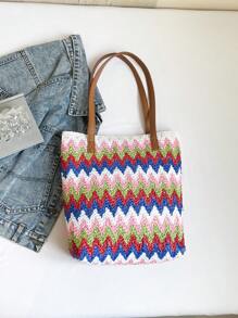 New Straw Woven Bag Women Large Capacity Shopping Tote Bag Striped Letter Beach Bag Embroidery Vacation Lightweight Oversized Bag