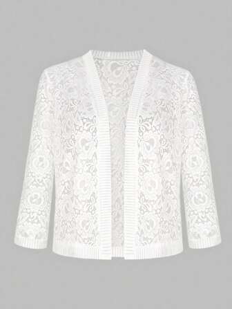 Yukiwi 大码女式纯色轻薄前开蕾丝夹克