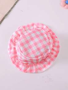 2 件套女婴休闲时尚樱桃刺绣粉色格子连体衣配围兜和圆帽套装，夏季度假风格 - 粉色 - 查看 6