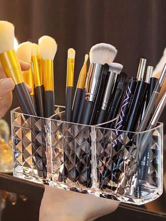 1/2pcs Cosmetic Organizer, Crystal Makeup Brush Holder With 3 Compartments, Acrylic Makeup Storage For Organization, Stylish Makeup Storage And Tidy Storage (Plastic Product, Default Slight Defect For Delivery)