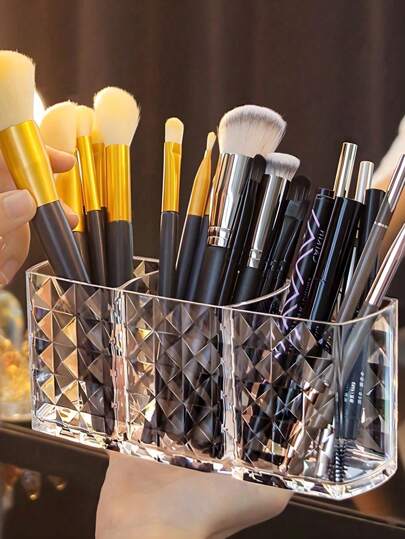 1/2 piezas Organizador de cosméticos, soporte acrílico para brochas de maquillaje con 3 compartimentos, almacenamiento de maquillaje para organización, almacenamiento de maquillaje con estilo y ordenado (producto de plástico, defecto leve predeterminado para la entrega)