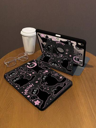 1 Piece, Cartoon Black Cat Double-Sided Painted Tri-Fold IPad Tablet Protective Case, 720-Degree Rotating Anti-Bend Transparent Acrylic Shell, Thickened Silicone Corners For Drop Protection, Compatible With IPad 10/9/Air 7 2025-11inch/IPad 11 2025, Non-Magnetic Cover, Supports Auto Wake/Sleep, With A Pen Slot, Essential Protective Case Accessory For Office And Study