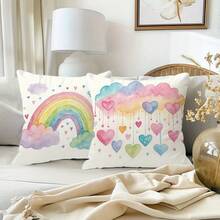 2pcs, Short Plush Rainbow Clouds Heart Pattern Throw Pillow Covers,16x16 18x18 20x20 Inches, Boho Cozy Colorful Home Decor Cushion Covers, Zipper Closure Polyester Farmhouse Holiday Pillowcases For Living Room Sofa Outdoor, No Pillow Inserts, Polyester 100%, Single-Sided Print. - Multicolor - View 2