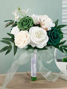 1pc Gorgeous Color Block Design Wedding Bouquet, Bride/Bridesmaid Handheld Flower, Roses With Ribbons & Lace Valentine's Day Accessories - White - View 17