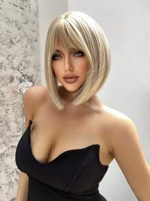 1 Synthetic Heat-Resistant Wig, White Gold Short Wig With Bangs, 10 Inches Long, Fully Machine Woven, Natural And Realistic Wig For Daily Use