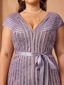 Mgiacv High-End Evening Gown With V-Neck, Airplane Sleeve, And Drawstring Flare Bottom Party - Dusty Pink - View 6