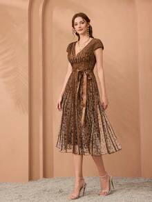 Mgiacy Elegant V-Neck Printed Airplane Sleeve Zipper Full-Length High-End Evening Dress - Coffee Brown - View 6