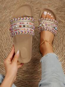 2025 Spring/Summer New Bohemian Rainbow Color Flat Sole Casual Slide Sandals, Comfortable Suitable For Leisure, Home, Indoor And Outdoor Use (Rivet Color Random) - Gold - View 2
