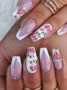 2片粉色玫瑰美甲贴纸，适用于美甲，花卉图案，优雅设计，法式美甲装饰，3D自粘滑块，适合女性、女孩日常及婚礼美甲护理产品及美甲用品 - 彩色 - 查看 3