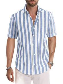 Men's Casual Stylish Short Sleeve Button-Up Striped Dress Shirts Cotton Beach Shirt-20256688 - 深藍色 - 查看 4