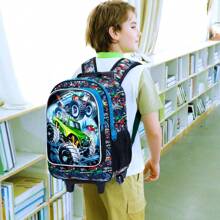 3PCS Car Rolling Bookbag For Boys, Kids School Backpack With Wheels, UV Printed Roller Wheeled Bookbag Set With Lunch Box