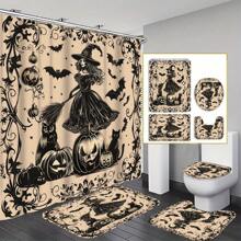 4 Peças Decoração de Cortina de Janela de Bruxa e Abóbora de Halloween, Lindo Presente de Inauguração da Casa, Decoração Moderna para Casa, Cortina de Chuveiro e Tapete de Banheiro À Prova d'Água, Conjunto de 3 Peças com 12 Ganchos de Cortina de Chuveiro, De Volta às Aulas
