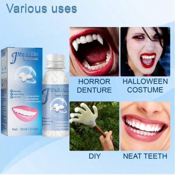 Conjunto de 1 peça de dentes postiços de terror "faça você mesmo" (apenas para fantasia) para brincadeiras de faz de conta em festas. Pastilhas moldáveis para dentes postiços, contas adesivas para preenchimento de espaços, decoração reutilizável e personalizável para dentes.