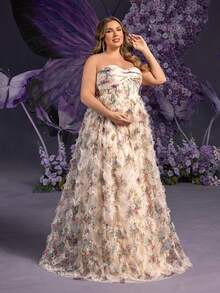 Faeriesty Dressalisa 加大码孕妇礼服，带无袖褶皱紧身胸衣 - 奢华超大薄纱裙，适合春夏婚礼、派对和华丽活动（优雅精致的孕妇设计，花卉网眼） - 杏色 - 查看 7