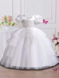 Children's Mid-Length Formal Dress, Puff Sleeve Summer Girls' Wedding Dress, Sequin Embroidery Sparkly Mesh Tulle Princess Ball Gown, Suitable For Performance & Host