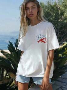 Funny Crawfish Graphic, Sassy Crawfish, Louisiana , Whimsical Lobster Graphic Printed Crew Neck Short Sleeve T-Shirt, Funny Seaside Shirt Summer Beachwear Gift For Seafood Lovers.High Street Hip Hop Style T-Shirt Casual Cotton Printed T-Shirt Comfortable Crew Neck Cotton T-Shirt - 白色 - 查看 2