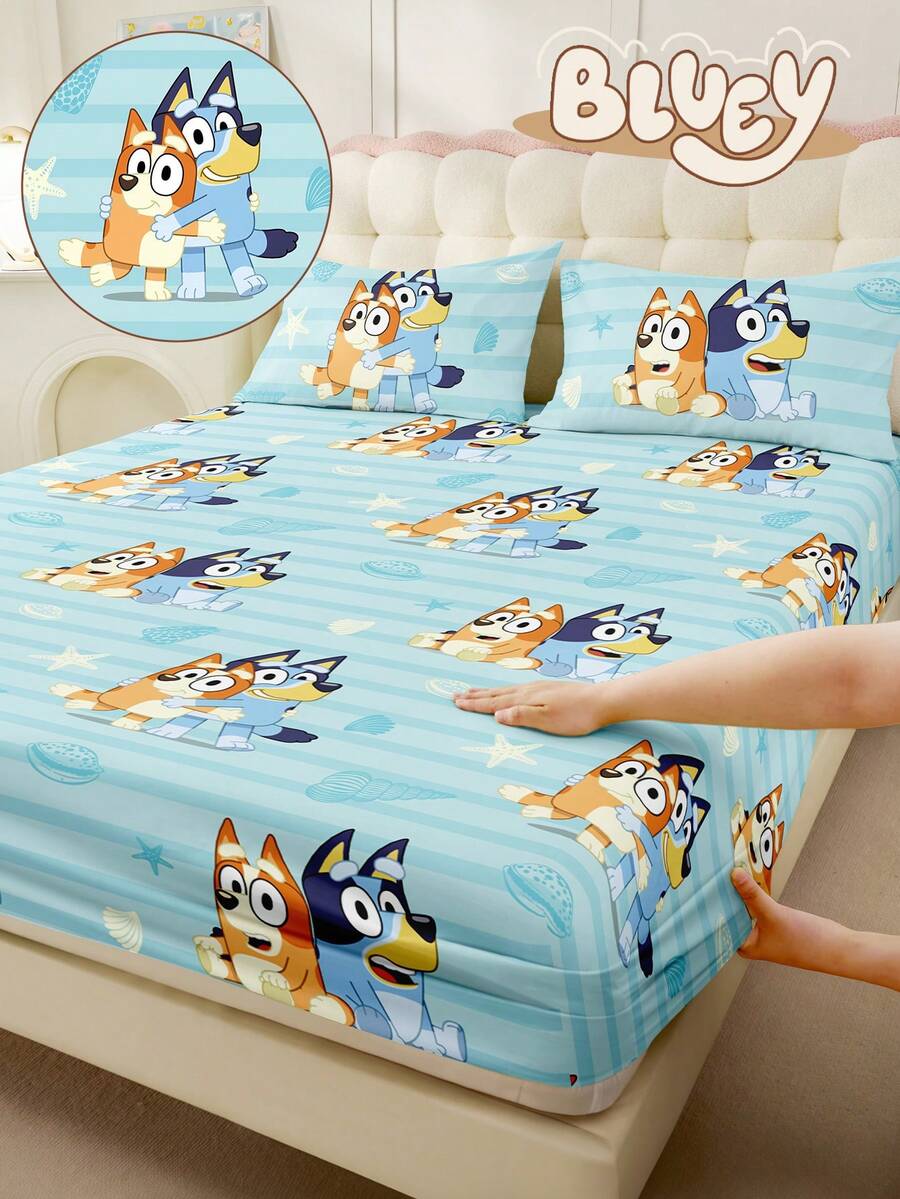 Bluey 1pc  Fitted Sheet, Bedding, Double Bed Sheets Set, Home Decor, Mattress Protector, Bed Cover, Cozy Home Textile, Breathable And Anti-Pilling Mattress Protector, Cartoon Pattern Bed Cover, Cute Home Decoration, Fits For All Size Beds - Dusty Blue - View 1