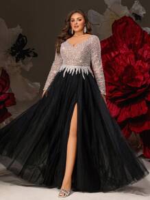 VIPGIRL Abendkleid in Große Größen mit langen Ärmeln und Glitzer, bodenlanges schwarzes Tüllkleid mit paillettenbesetztem Oberteil, elegantes Abendkleid für Frauen mit V-Ausschnitt, Abiball-Kleid mit Schlitz, funkelndes Partykleid für Gala & Hochzeitsgäste