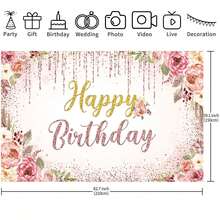 1件装生日快乐背景装饰，适用于女性派对背景用品，玫瑰背景摄影，生日花卉闪光横幅，婚礼迎婴派对装饰（玫瑰金） - 彩色 - 查看 7