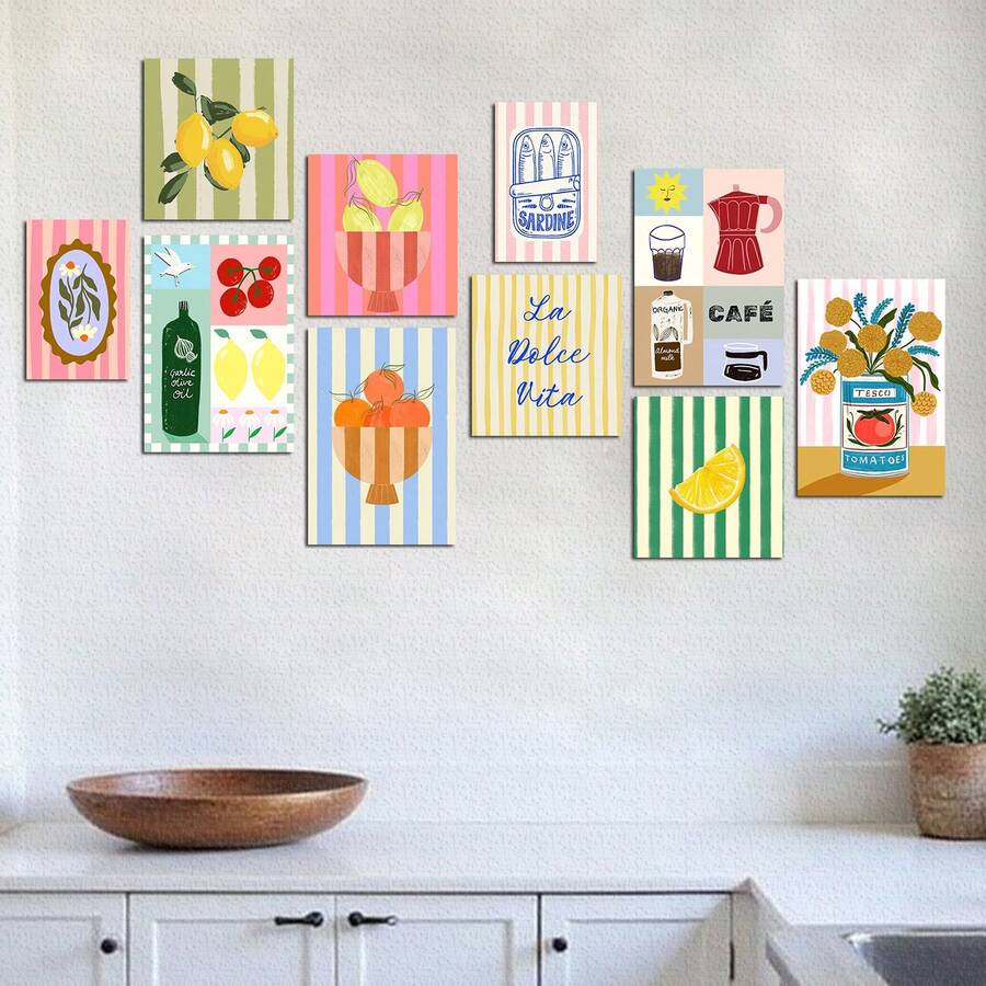 Vintage Kitchen Pictures Stripes Vases Flowers Fruits La Dolce Vita Coffee Corner Kit 10 MDF Plates - Rượu sâm banh - Xem 1