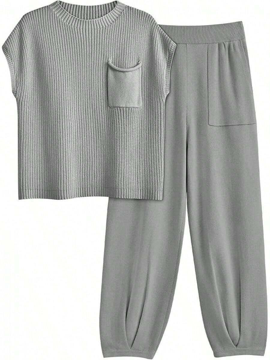 2 Piece Knit Sets Women Sweatsuit Sets - Light Grey - View 1
