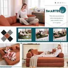 Convertible Folding Sofa Bed, Modular Floor Sofa With Removable Backrest, 3-Seater Fold Out Couch Bed With Pillows, King Size Futon Lazy Couch Corduroy Sleeper For Living Room, Dorm, Orange - 珊瑚橙 - 查看 8