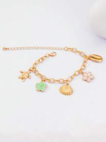 1 pieza Collar de acero inoxidable con estilo de playa oceánica dorada con colgante de tortuga marina, concha de mar, piña, concha natural, estrella de mar y concha espiral, acompañado de una pulsera de cadena gruesa para mujeres