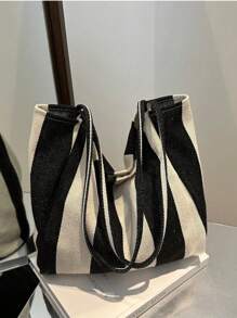 Chic Retro Striped Canvas Tote Bag, Large Capacity Spacious & Versatile, Ideal For Work, School Or Outing, School Bag, Beach Bag (Random Color Placement Of Vertical Stripes)