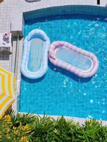 1pc PVC Daisy Pattern Pink & Blue Striped Inflatable Float Bed, Swimming Pool Water Beach Lounger, Beach Essentials, Beach Accessories