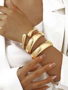 1 套金属光滑蛇皮重叠视觉效果可堆叠金属手镯，时尚配饰适合情侣、朋友聚会、通勤和日常装扮 - 金色三件套 - 查看 5