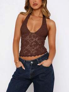 Women Lace Halter Tank Tops Y2K Floral Lace Sleeveless Deep V Neck Ruffle Hem Low Cut Sheer Mesh Crop Top Sexy See Through Backless Vest Shirts Summer Going Out Tops Party Club Streetwear - 咖啡棕 - 查看 1