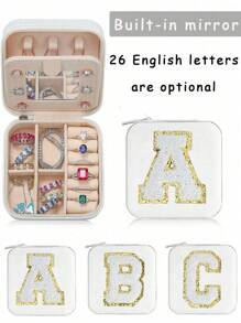 1pc Portable Travel Jewelry Box, Custom Lettered (A-Z) Organizer, Multi-Layer Jewelry Case With Mirror And Makeup Brush Holder, Suitable For Rings, Necklaces For Women Storage Organizer Travel Essentials Back To School Dormitory Storage