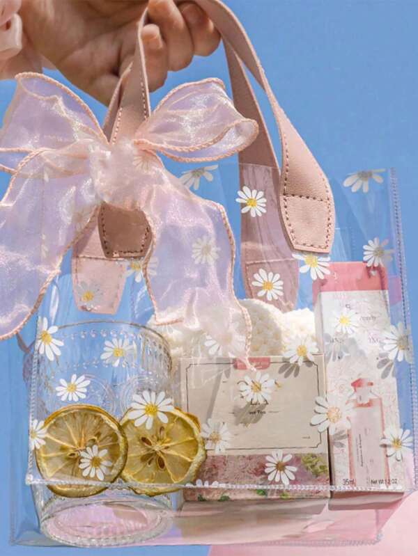1 pieza Bolso de tote transparente de PVC con estampado de margaritas de verano, bolso de gelatina con estampado de flores frescas y un lazo delicado como bolsa de regalo
