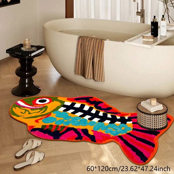 1pc Cartoon Fish Faux Wool Bathroom Entrance Mat, Asymmetrical Shower Room Absorbent Non-Slip Doormat, Wear-Resistant Easy To Clean Bathroom Floor Mat, Outdoor Carpet Doormat, Summer Bathroom Accessories Back To School