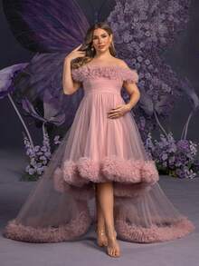 Faeriesty Dressalisa Elegant Plus 孕妇露肩孕妇礼服，3D 荷叶边和层叠下摆 - 适合婚礼、庆典、拍照的正式夏季礼服