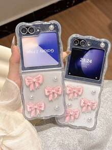 粉色蝴蝶结仿珍珠装饰 Galaxy Z Flip 6/5/4/3 可折叠手机壳，硅胶防震保护套，轻巧奢华时尚防水防摔防刮 - 無色 - 查看 2