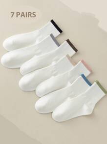7 Pairs White Women's Socks, Four Seasons Ribbed Colorful Trim Women Crew Socks, Sports Casual Daily