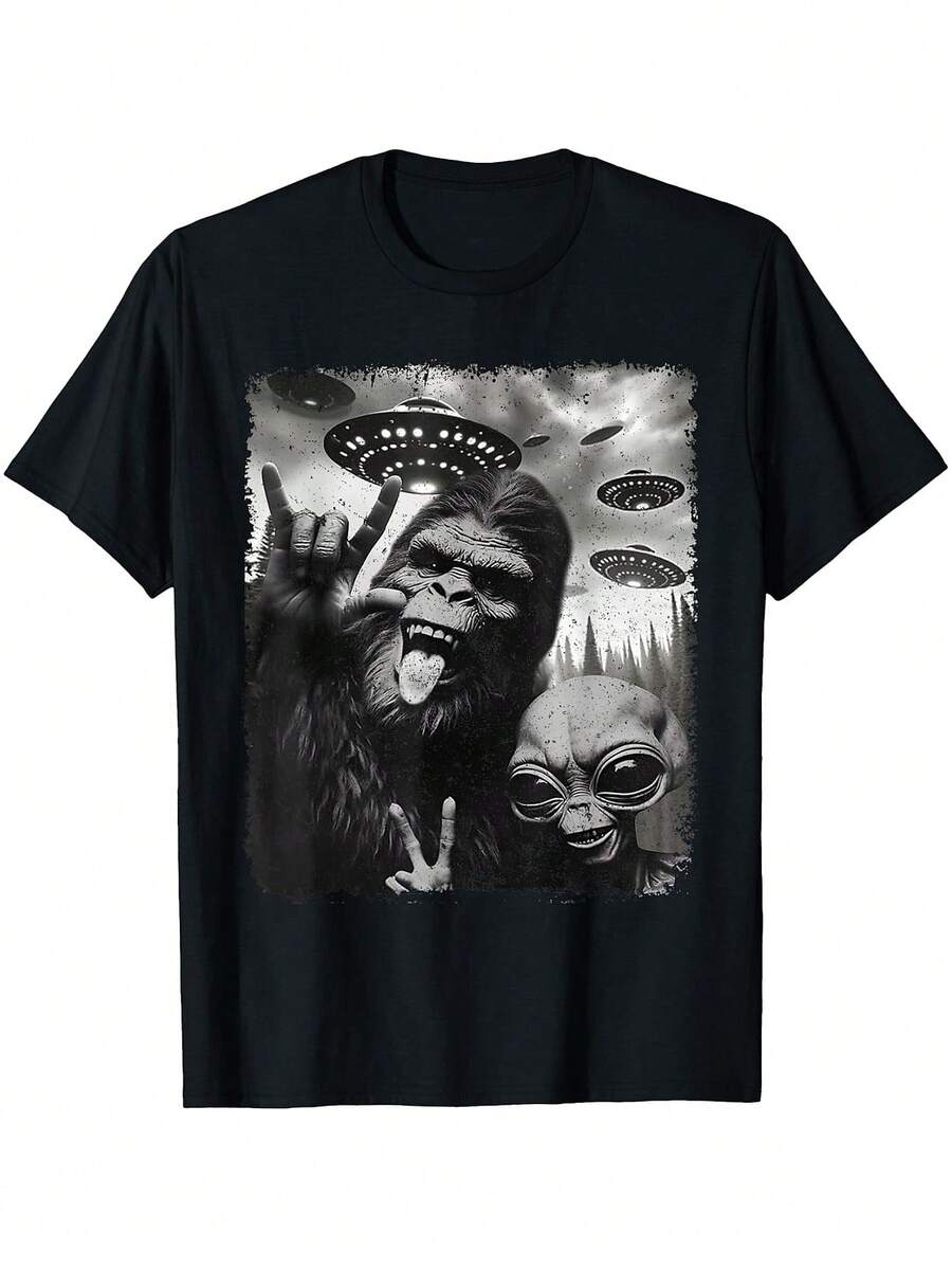 Funny Sasquatch Bigfoot Rock On Selfie With UFO Alien T-Shirt, Unisex Graphic T Shirts, Funny T-Shirt - 黑色-01 - 查看 1