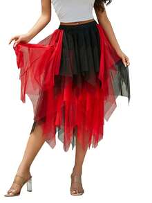 Women Fashion Midi Skirts Contrast Color/Solid Color Elastic High Waist Irregular Ruffles Multi-Layered Tulle Tutu Skirts - Red and Black - View 1