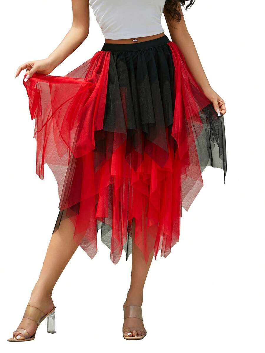 Women Fashion Midi Skirts Contrast Color/Solid Color Elastic High Waist Irregular Ruffles Multi-Layered Tulle Tutu Skirts - Red and Black - View 1