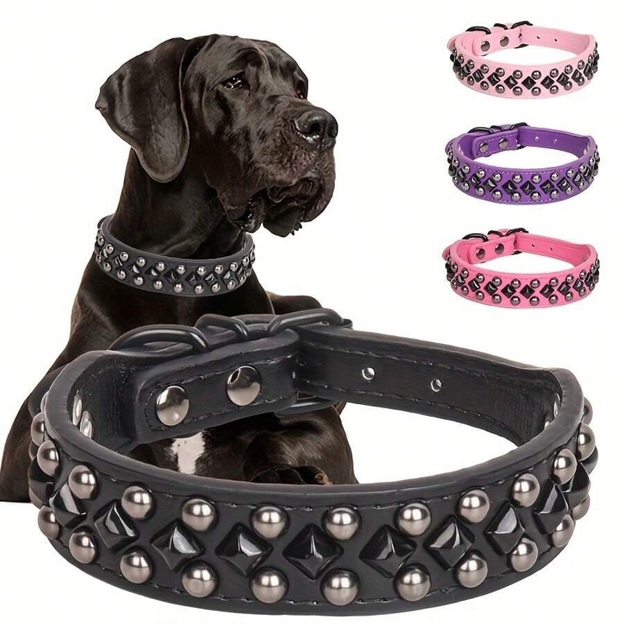 Adjustable Leather Spiked Pet Collar, Punk Style, Anti-Bite Necklace For Medium And Large Pets