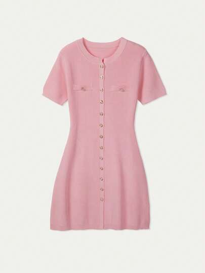 FOR BEAUTY Spring/Summer New Pink Round Neck Single-Breasted Short Sleeve Knit Dress, Minimalist Elegant Casual Romantic, Suitable For Dates, Commuting, Shopping And Other Occasions